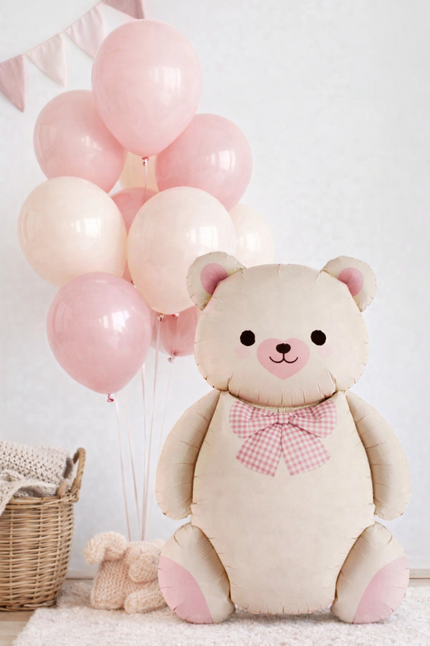 Pink Bear Foil Balloon with Bow Tie, Set of 10 Pink Sand Beige Balloons