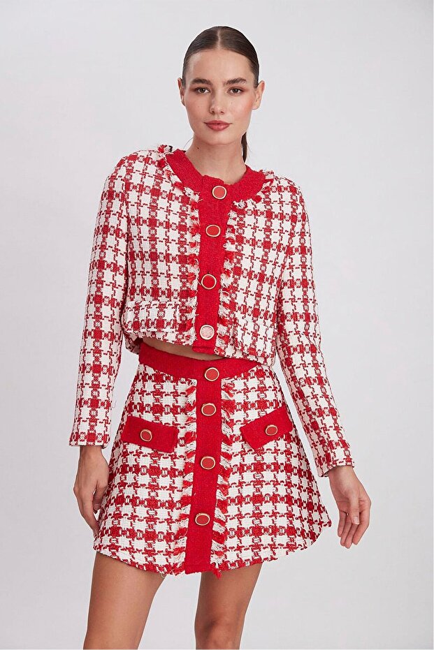 Women's Red Flap Pocket Button Detail Jacket-Skirt Set Per9328