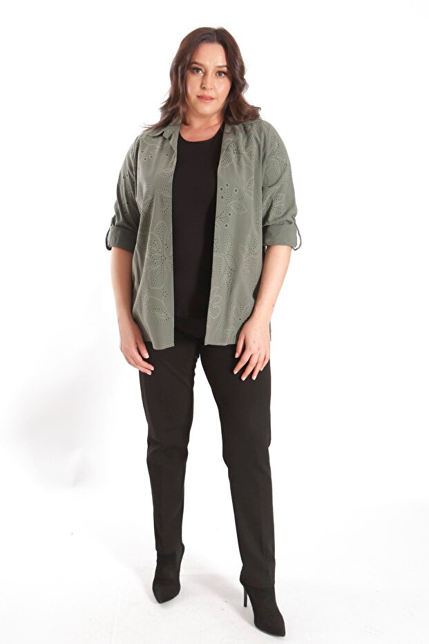 طقم مكون من قطعتين باللون الكاكي ذو نمط ذاتي من Trend42plus مقاس كبير - 4