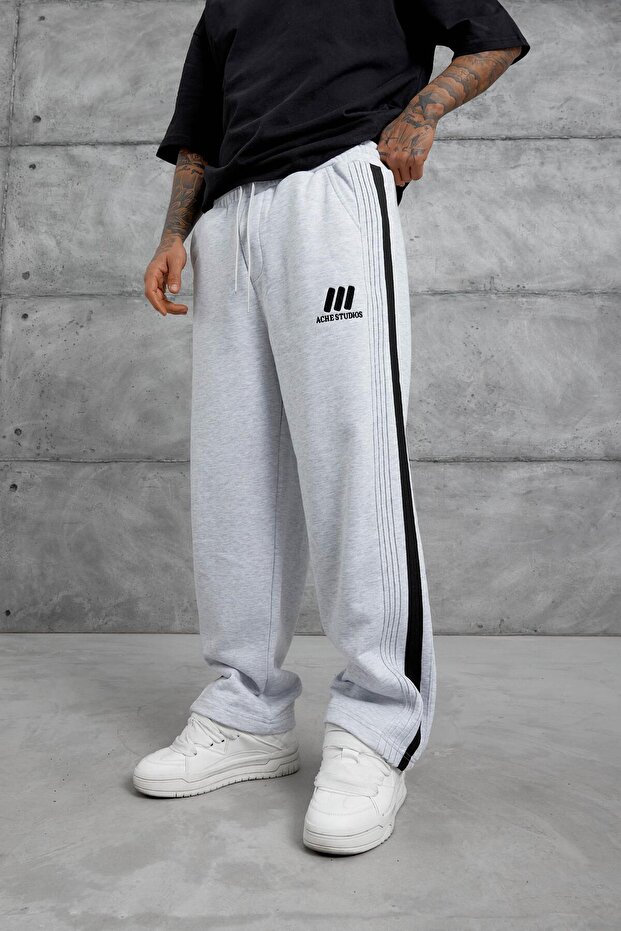 Men's Sweatpants Achestudios Yazili Alti Gray Oversize Baggy Loose Fit 3 Yarns Without Drawstrings