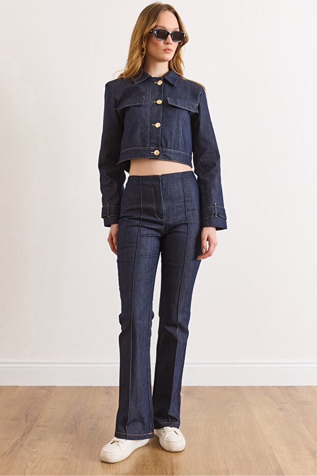 Women's Navy Blue Top Lined Jacket Bottom Stitching Detailed Trousers Denim Suit Tkm-19000471