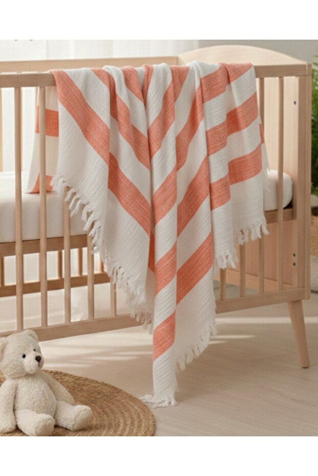 Premium Quality Double Layer 110X90 cm Fringed Striped Luxury Muslin Blanket /