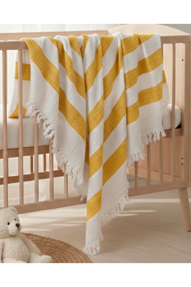 Premium Quality Double Layer 110X90 cm Fringed Striped Luxury Muslin Blanket /