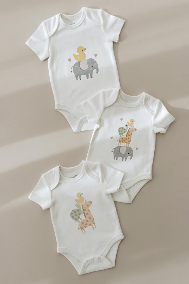 100% Organic Cotton 3-Piece Printed Short Sleeve Baby Body Elephant