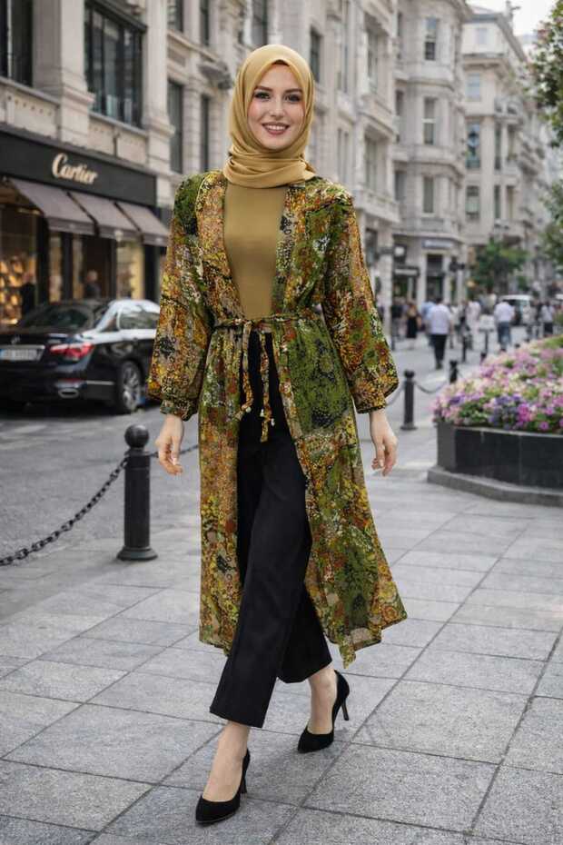 كيمونو ماكسي بنقشة عرقية مع حزام