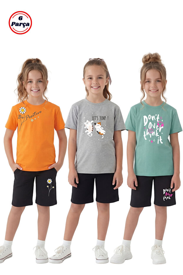 طقم ملابس صيفي للفتيات مكون من مطبوع قطع من 6 قطع من ملابس الأطفال الصيفية من 3'lü O-Neck Capri