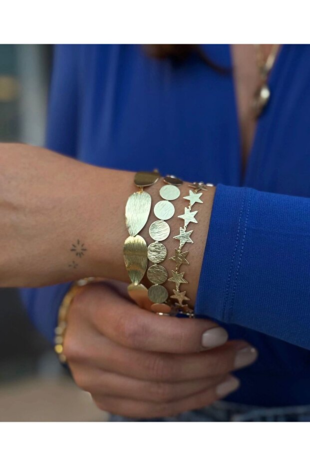 Women's Star Crushed Plate Gold Bracelet Set
