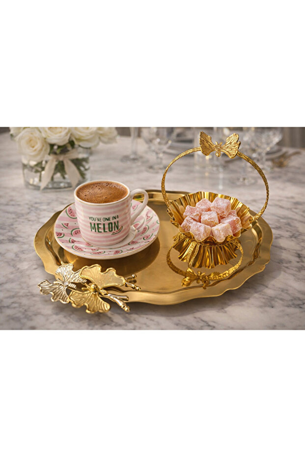 Single-Sided Gold 2-Piece Stainless Steel Oval Tea and Coffee Presentation Tray with Butterfly Accessories20X25 cm