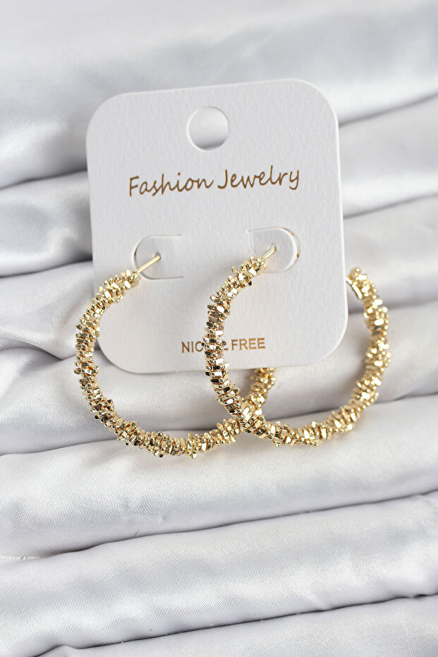 Brass Gold Color Serrated Ring Model Women's Earrings