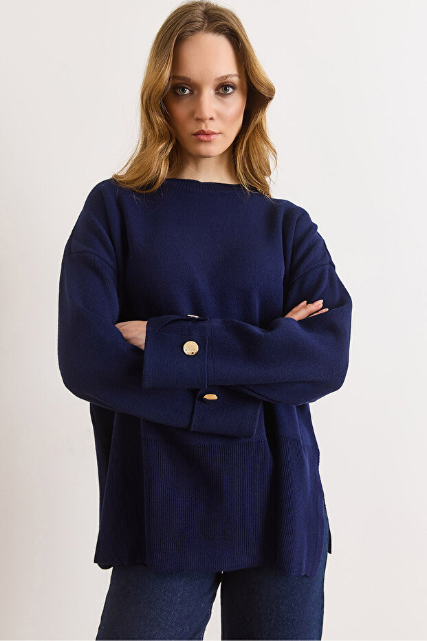 Women's Navy Blue Cuff Buttoned Slit Knitwear Sweater Kzk-19001110