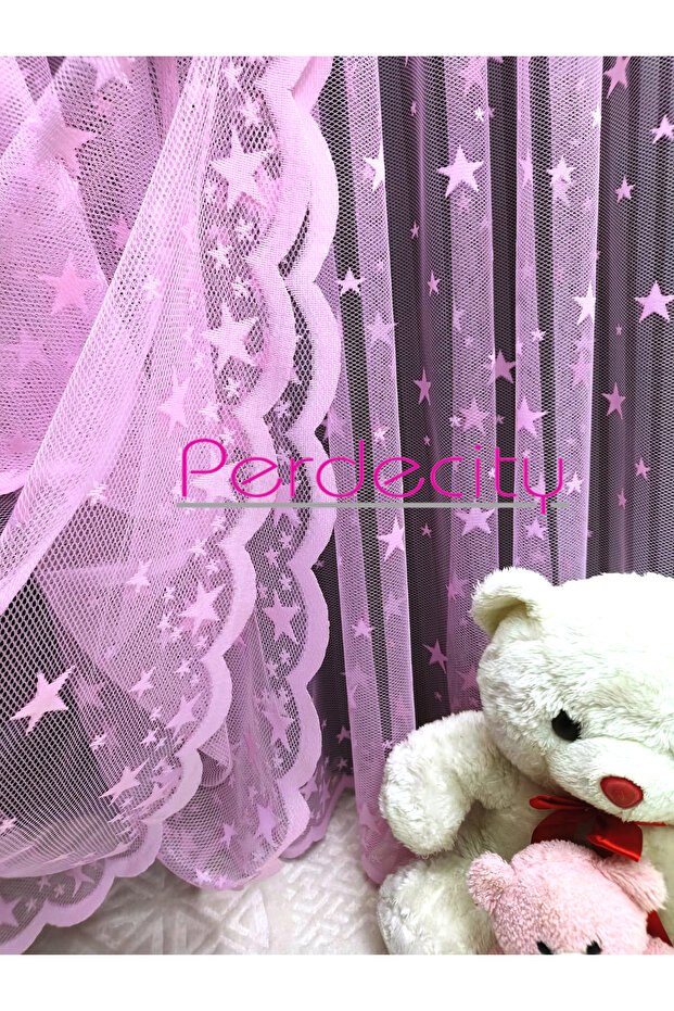 Star Pattern Pink Color Children's Room Tulle Curtain 1X2.5 Dense Pleats Will Change the Atmosphere of Your Room. The Sample Fabric Is 30X28 in Size.