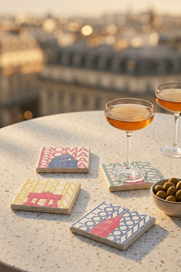 Paris, Rome, London and Berlin Themed Natural Stone Travertine Coasters Stone Coasters Set of 4