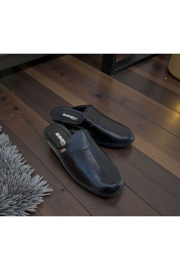 Men's Black Non-Slip Sole Leather Groom House Slippers