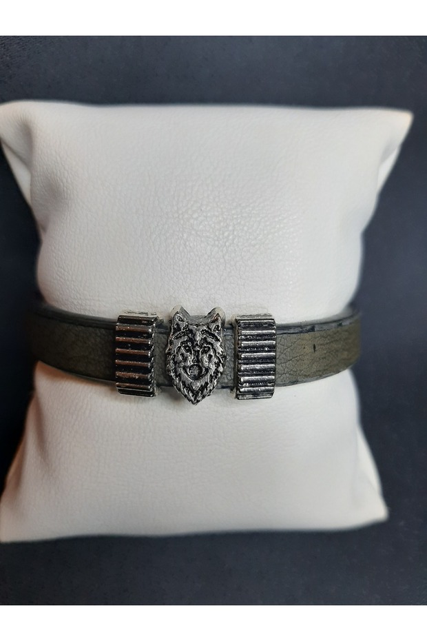 Wolf Detailed Khaki Quality Faux Leather Bracelet Unisex