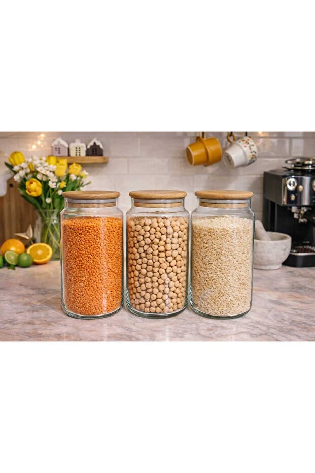 3-Piece 1300 ml Thick Glass Jar Vacuum Legume Storage Set with Wooden Beech Lid