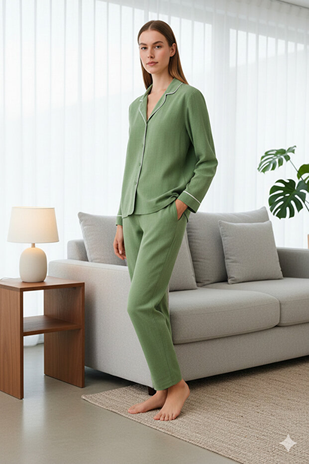 Green 100% Cotton Puff Textured Ara Piped Muslin Fabric Woven Pajama Set