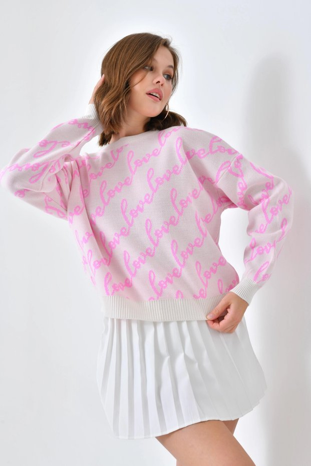 Women's Crew Neck Love Text Detailed Knitwear Sweater 10517