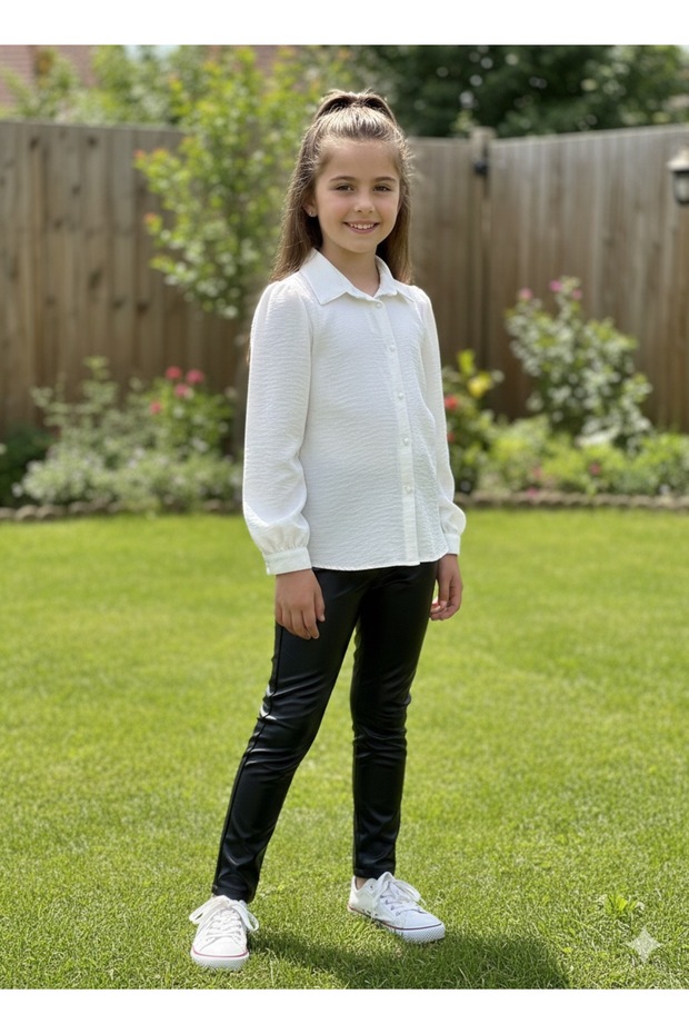 Girl's Pearl/ Button Decorated Stylish White Blouse Shirt