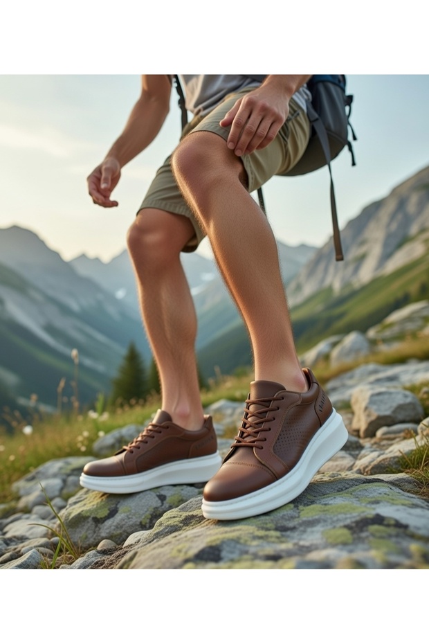 Men's Tan White Sole Casual Lace-Up Comfortable Sneaker Flexible Thick Comfortable Sole Walking Shoes