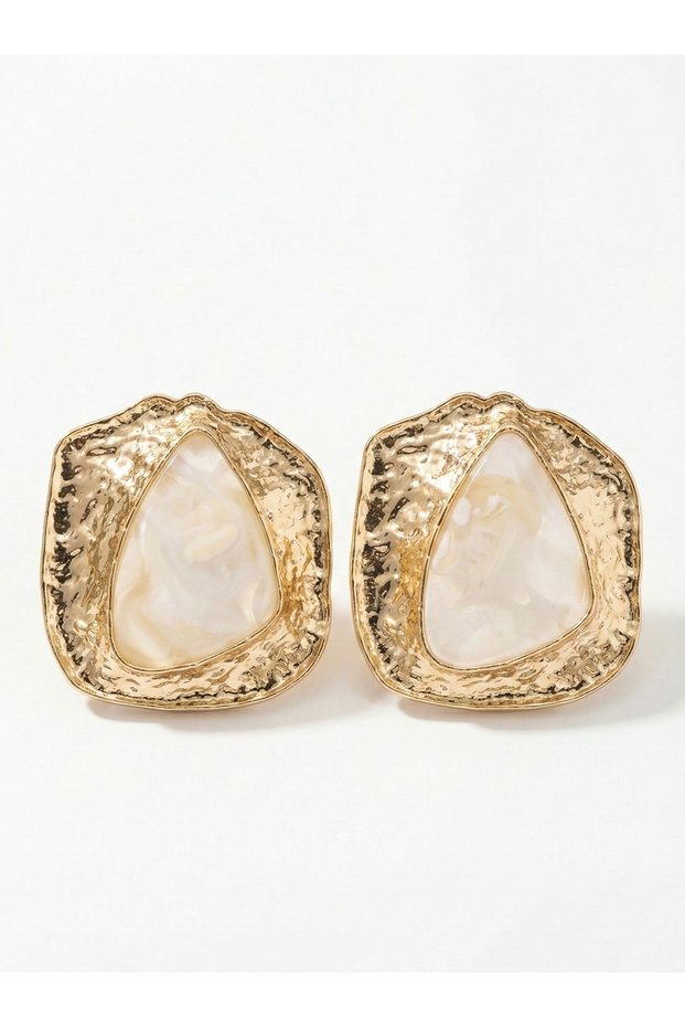 Damla Form Organic Framed Stone Gold Color Women's Earrings I Special Boxed