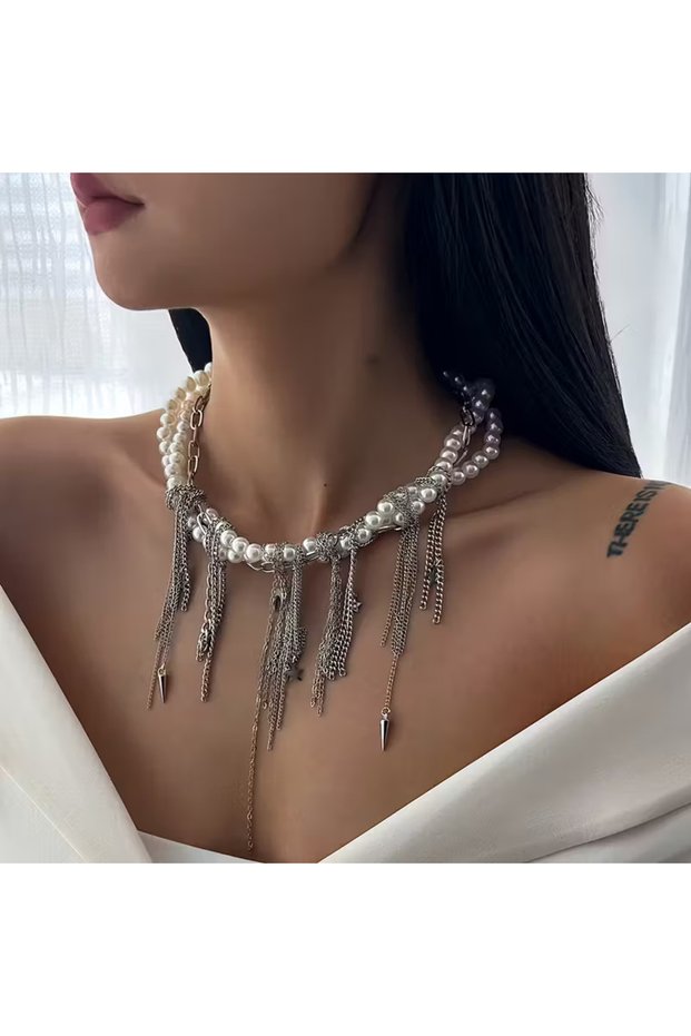 Andromeda Model Grunge Necklace with Large Pearls and Silver Chain Tassels with Star Detail