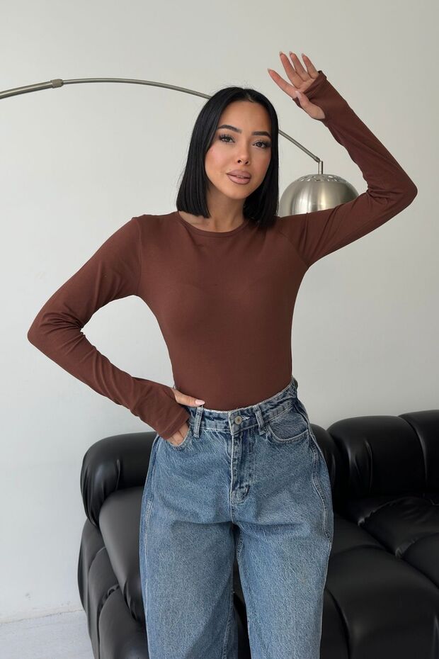 Women's Crew Neck Bitter Brown Basic Slip-On Stretchy Bodysuit Cotton Finger Detail Blouse