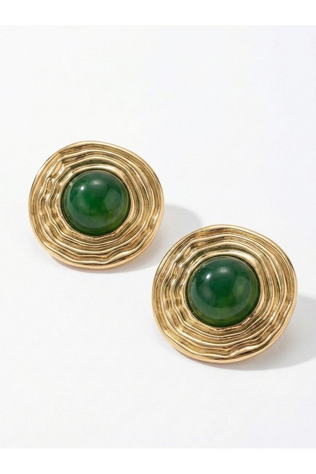 Gold Color Round Shape Green Stone Detailed Textured Women's Earrings I Special Boxed