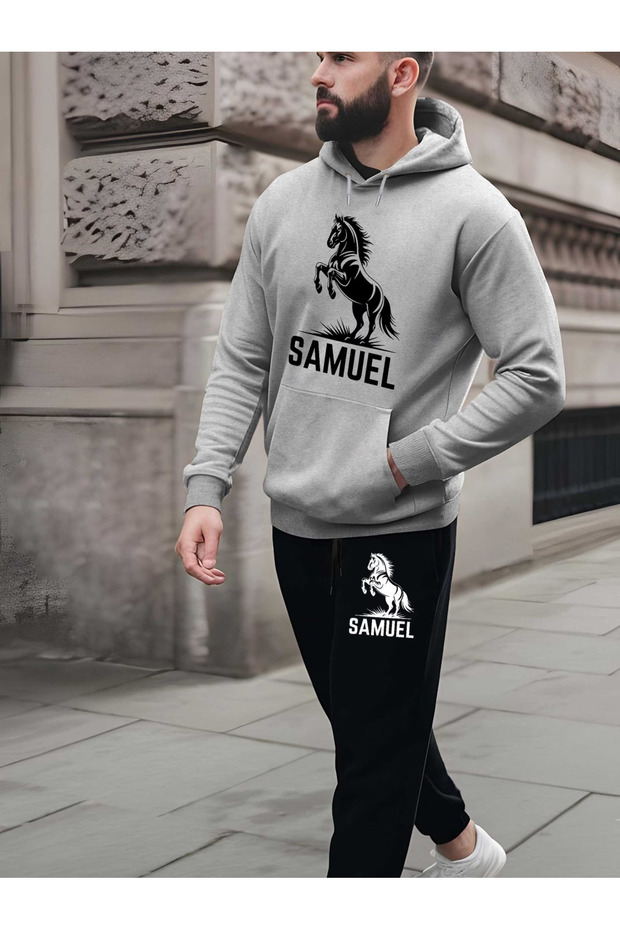 سويت شيرت بنطال رياضي جوجر SAMUAL مطبوع طقم رياضي بغطاء رأس