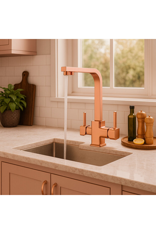 Cubix Purified Rose Gold Copper Square Kitchen Sink Faucet – Dual Handle,