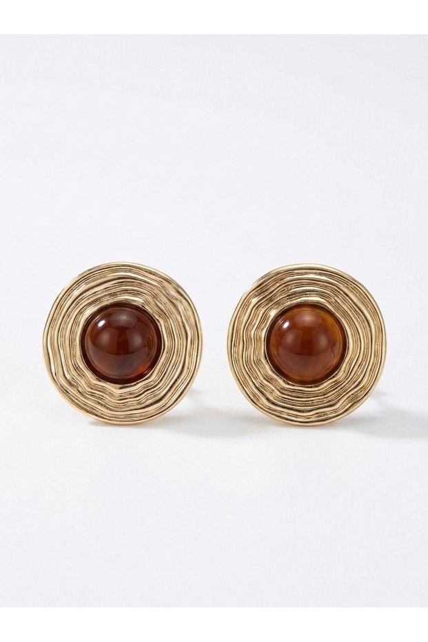 Gold Color Round Shape Textured Framed Stone Detailed Women's Earrings I Special Boxed