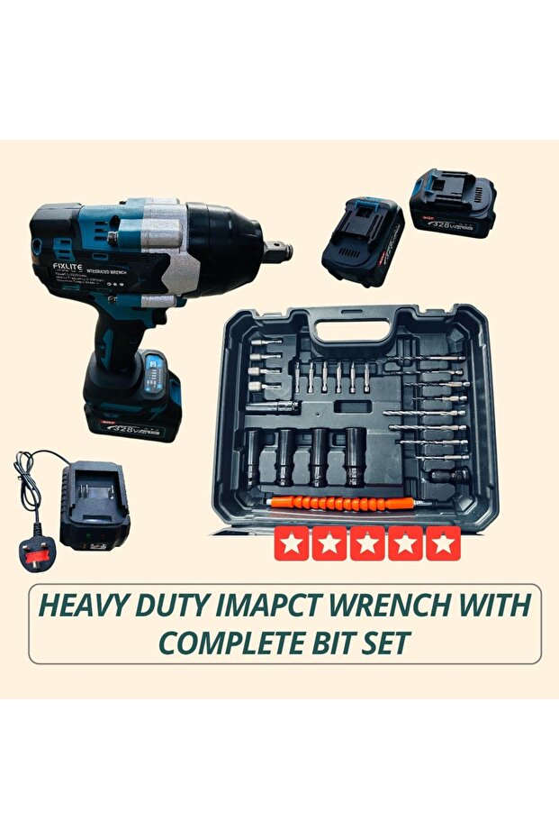Heavy Duty Cordless Impact Wrench with Complete Bit Set
