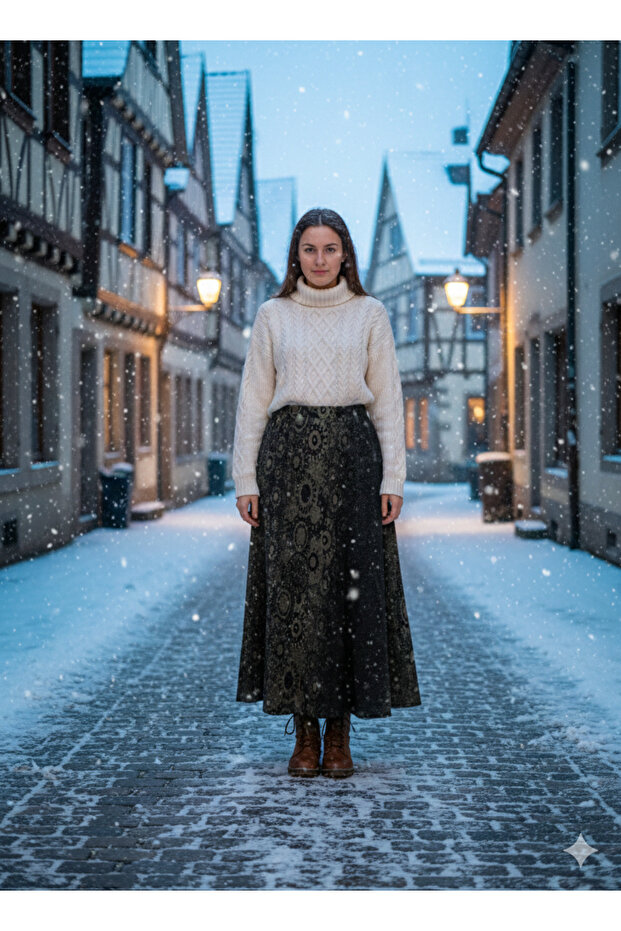 Winter Elastic Waist Combed Cotton Fabric Maxi Length A-Line Skirt, Double Patterned Cotton Size 40-50