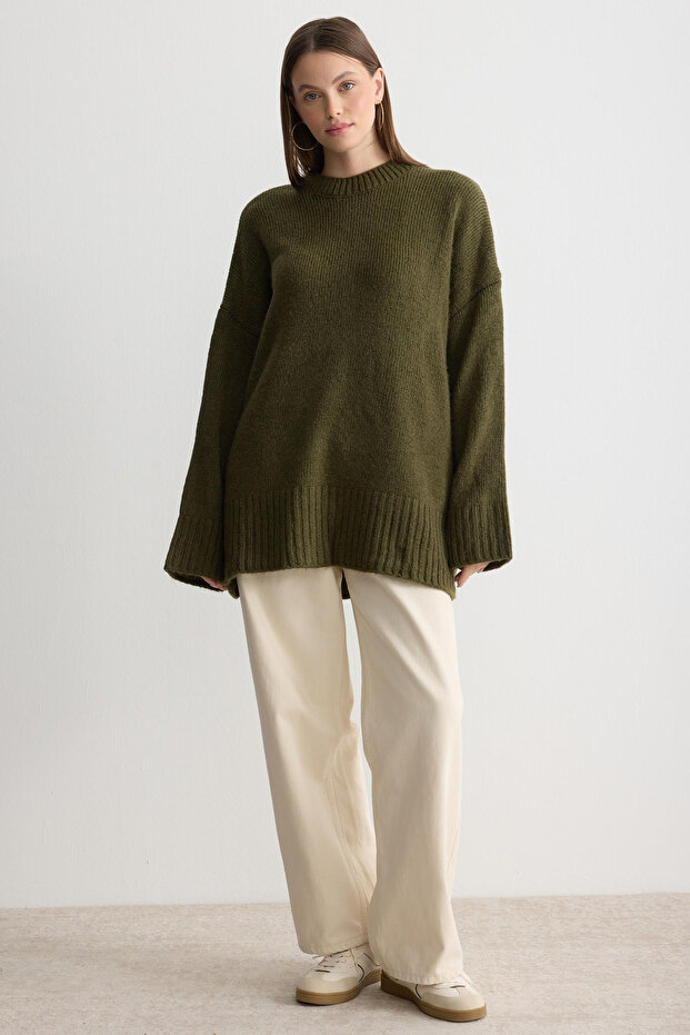 Oversize Basic Kadın Uzun Kazak - 4