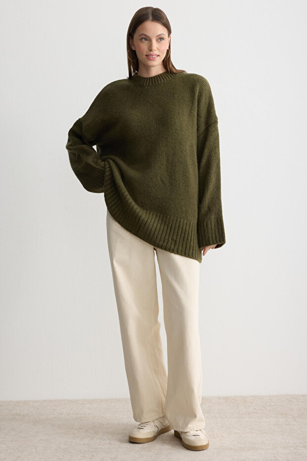 Oversize Basic Kadın Uzun Kazak - 6