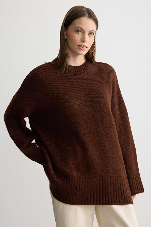 Oversize Basic Kadın Uzun Kazak - 7