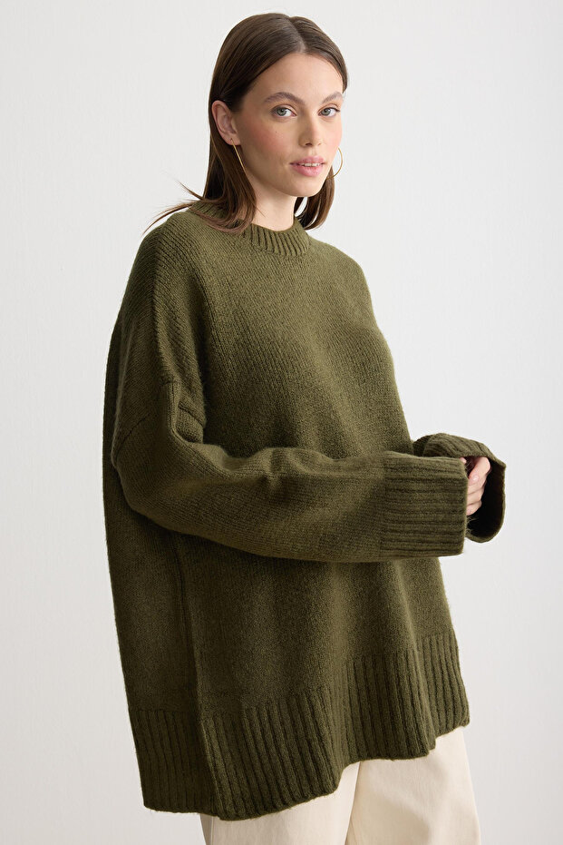 Oversize Basic Kadın Uzun Kazak - 3