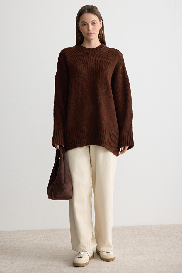 Oversize Basic Kadın Uzun Kazak - 3