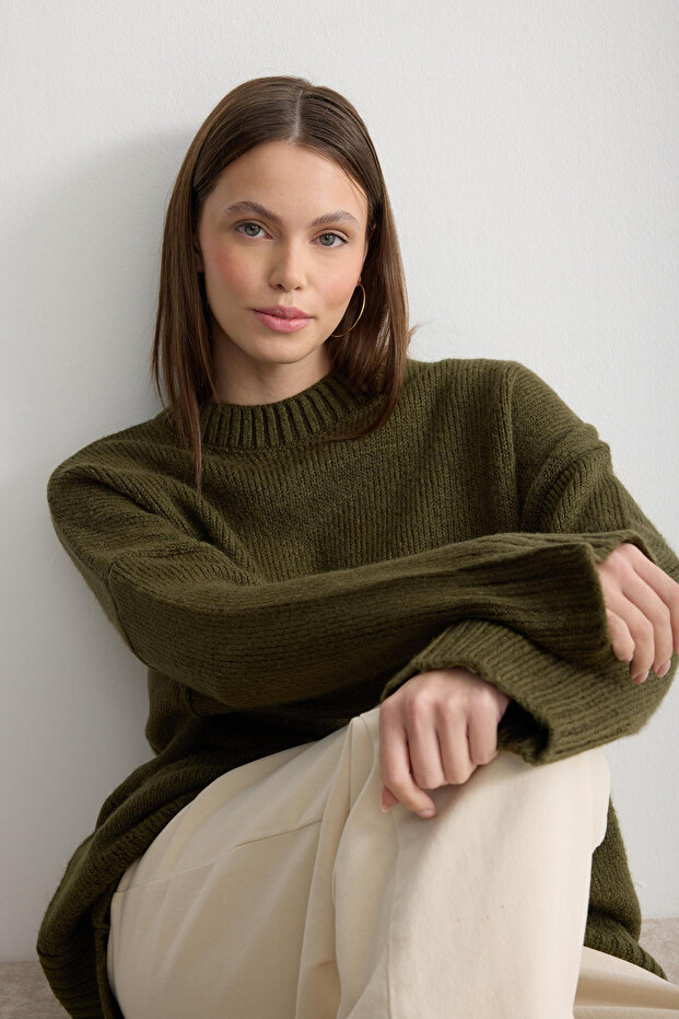 Oversize Basic Kadın Uzun Kazak - 2