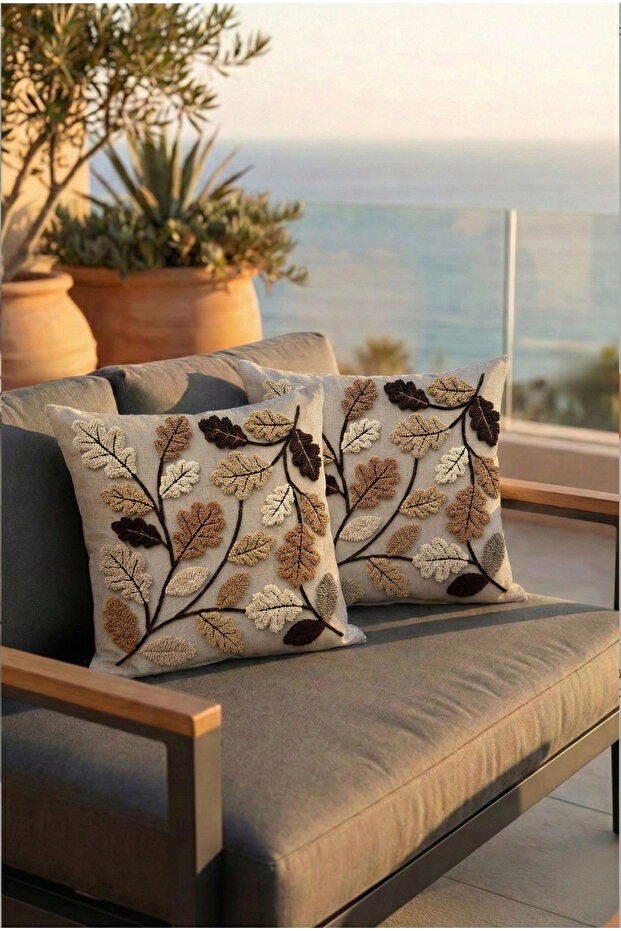 Punch Embroidery Look Digital Printed Brown Leaf Pattern 2-Piece Throw Pillow Cover Set