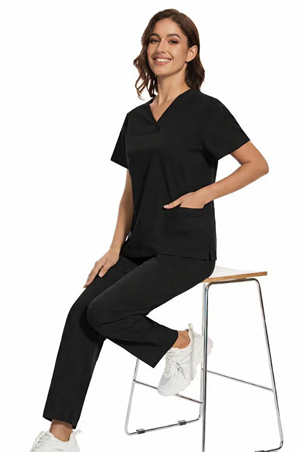 Black Stretch Fabric Stain Resistant Batwing Sleeve Nurse and Doctor Uniform Set Hospital Uniform