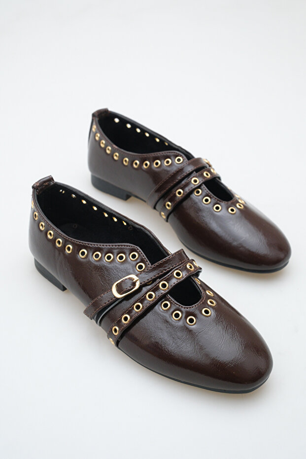 Women's Double Strap Studded Casual Ballerinas Bitter Brown Patent Leather