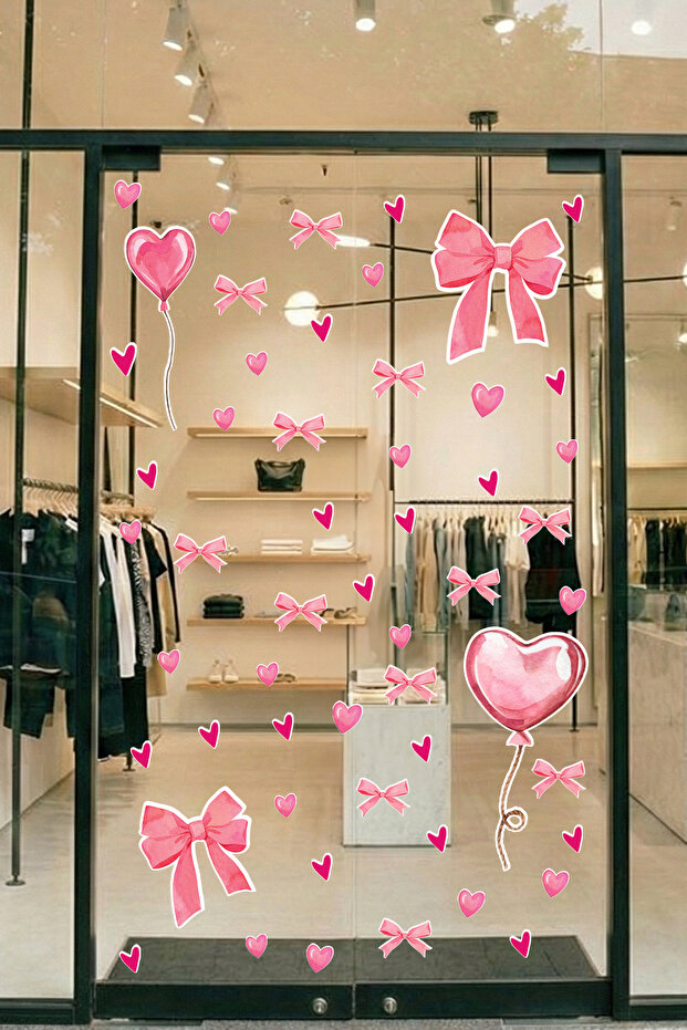 Pink Heart Balloon Romantic Sticker Set - Glass Store Showcase Wall Decoration Set