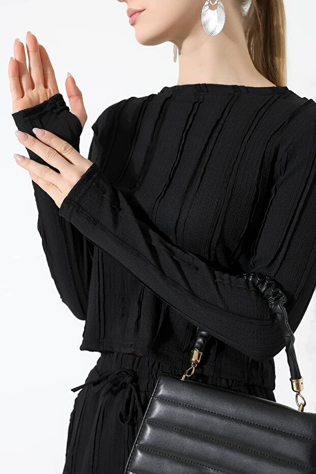 Ruffle Wrap-Around Crew Neck Finger-Loop Set – Elasticated Cuff Pants - 6