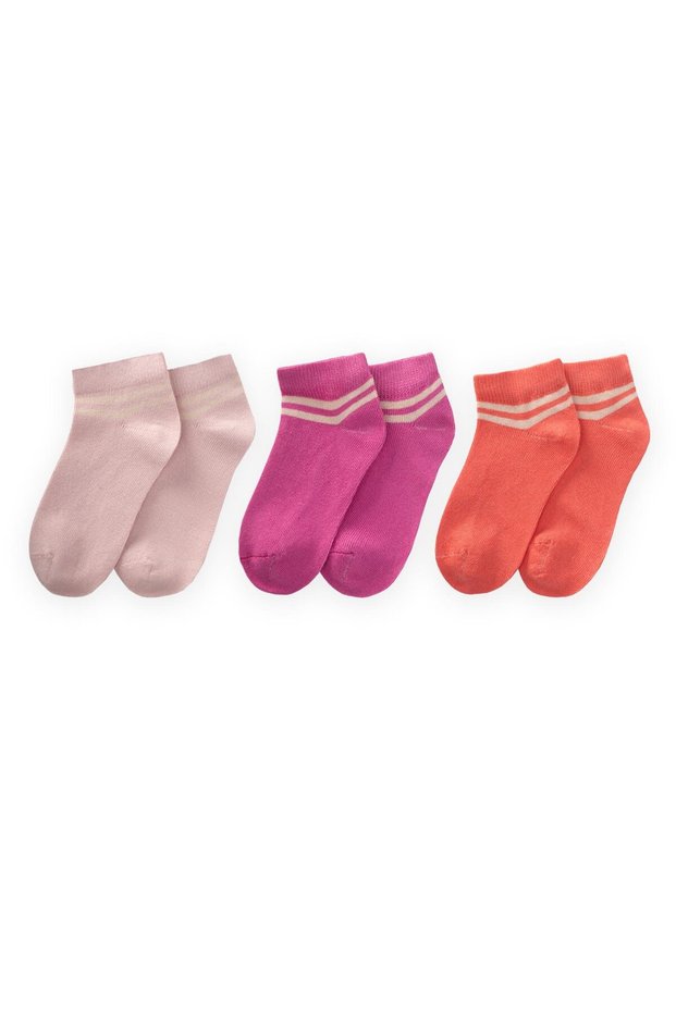 Triple Raw Striped Booties Socks 5-12 Years Old Fuchsia, Yavruağzı, Powder