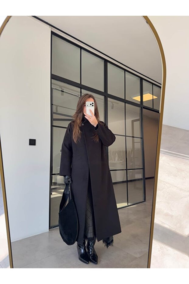 Stand-Up Collar K Double-Breasted Cashmere Coat Black