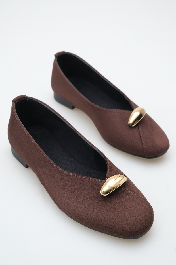 Women's Buckle Accessory Detailed Ballerina Shoes Bitter Brown Suede