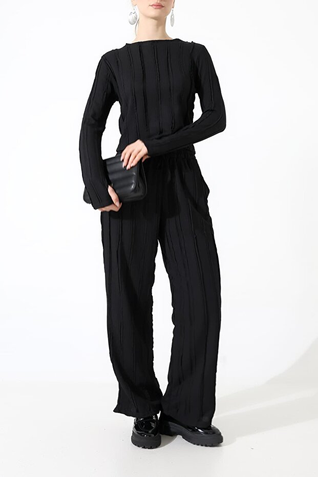 Ruffle Wrap-Around Crew Neck Finger-Loop Set – Elasticated Cuff Pants - 3