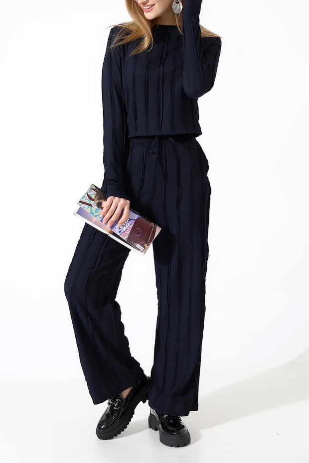 طقم ملابس بياقة دائرية مكشكشة ورباط مطاطي - بنطلون برباط مطاطي - 5