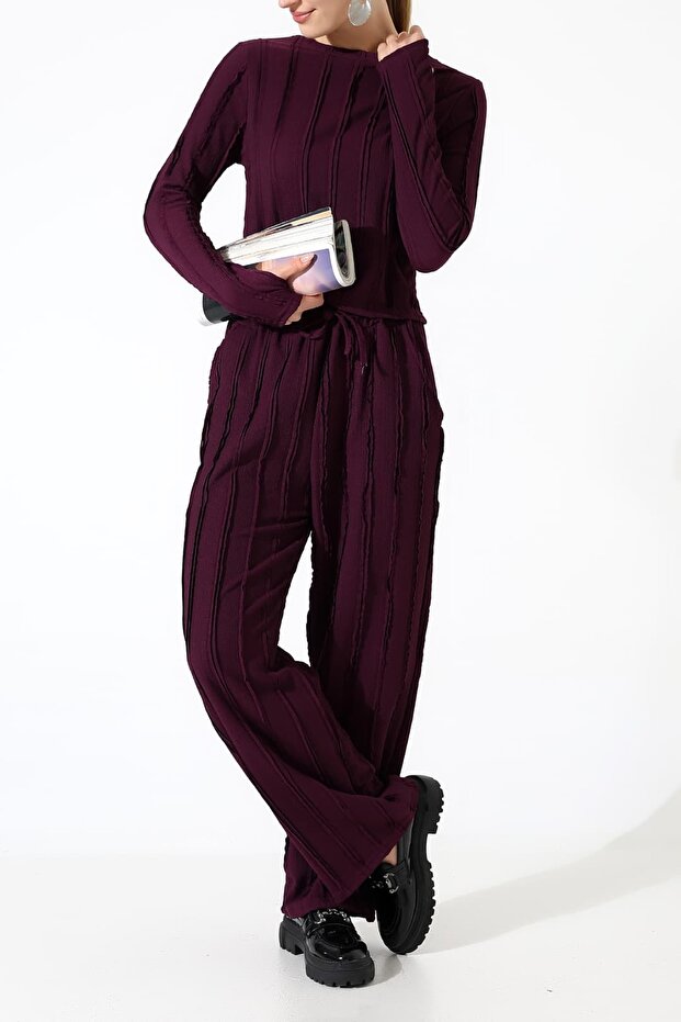 طقم ملابس بياقة دائرية مكشكشة ورباط مطاطي - بنطلون برباط مطاطي - 5