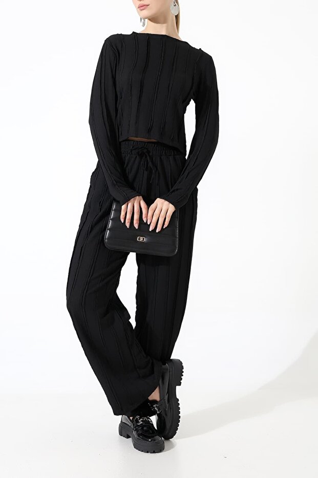 Ruffle Wrap-Around Crew Neck Finger-Loop Set – Elasticated Cuff Pants - 5